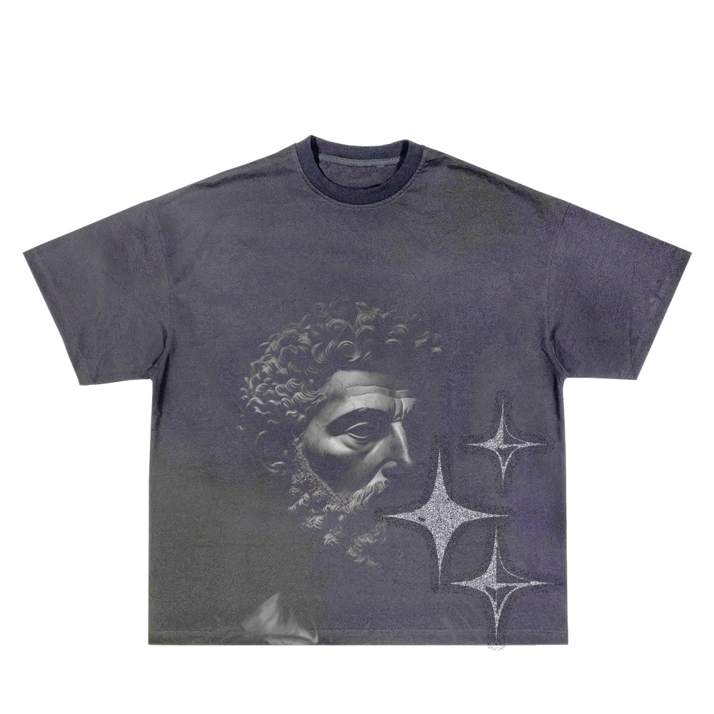 Aurelius tee — washed dark gray with classical statue print