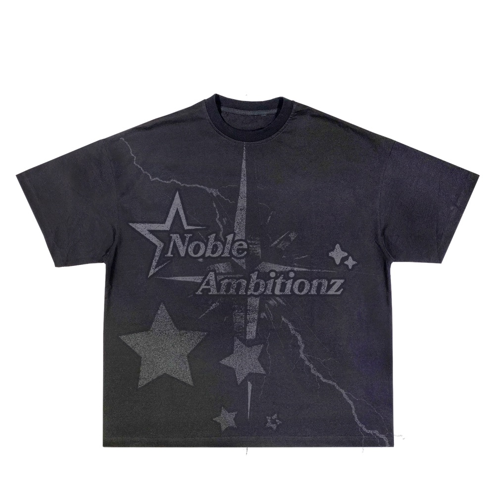 Noble Ambitionz black faded tee — Y2K star and lightning graphic