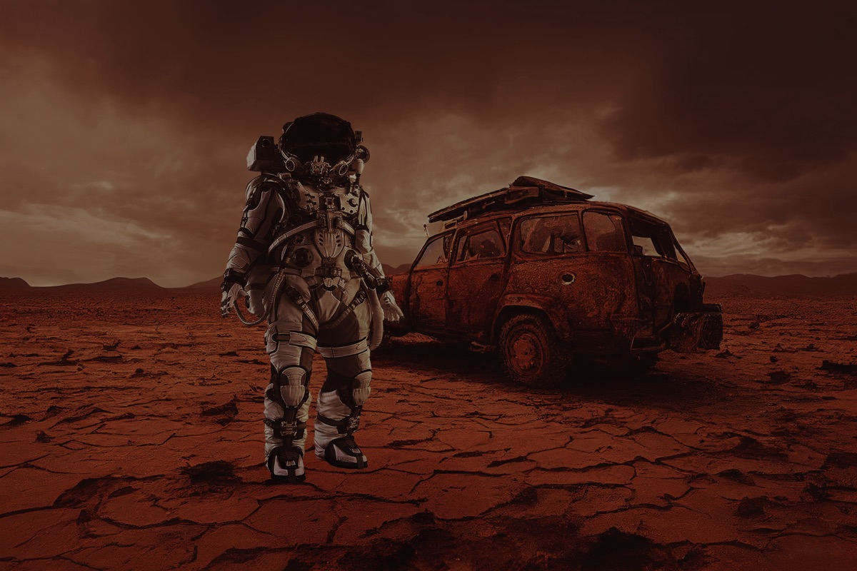 Photoshop composite — Astronaut on Mars beside a wrecked vehicle