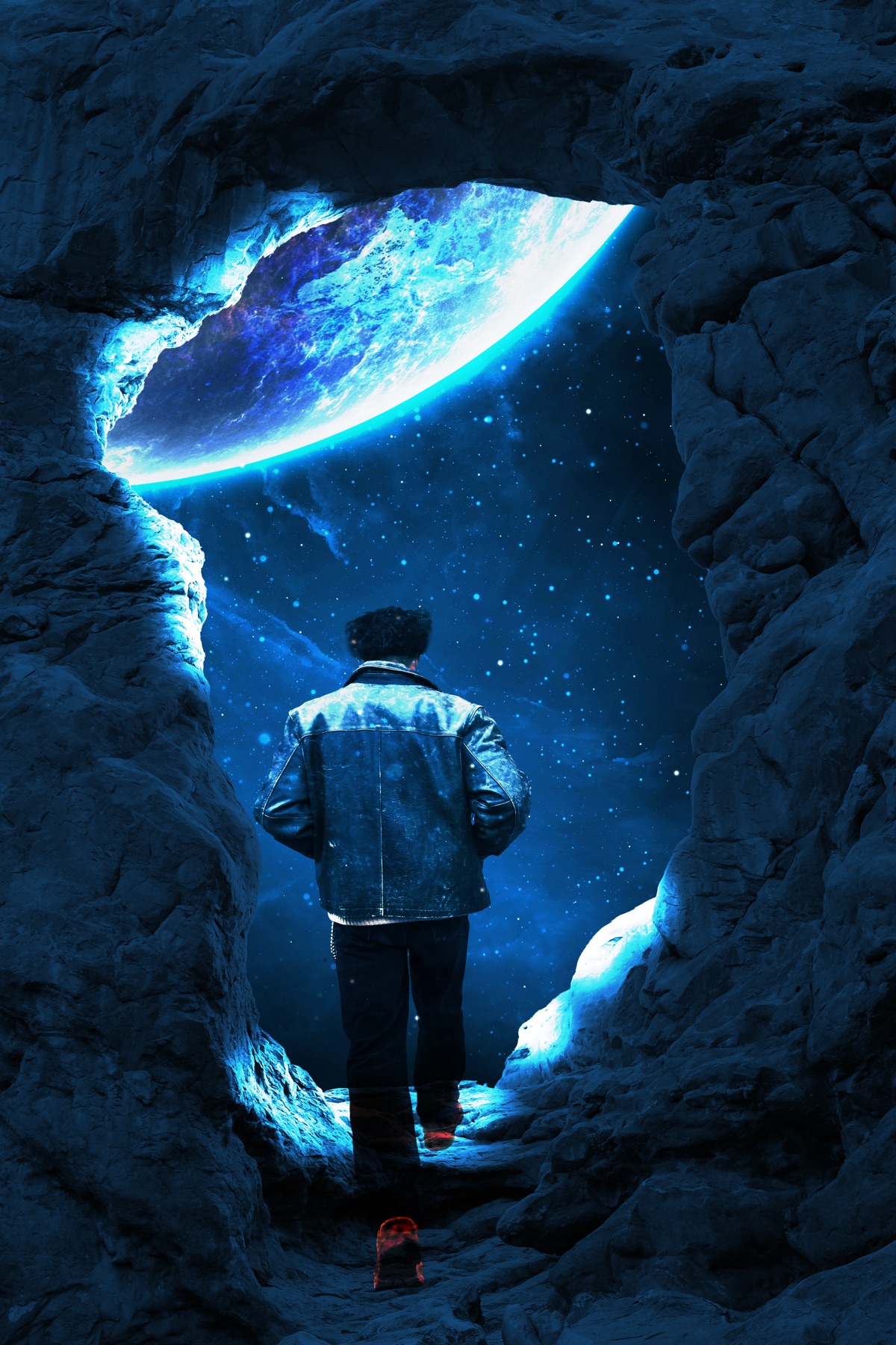 Photoshop composite — Figure in cave viewing a luminous planet