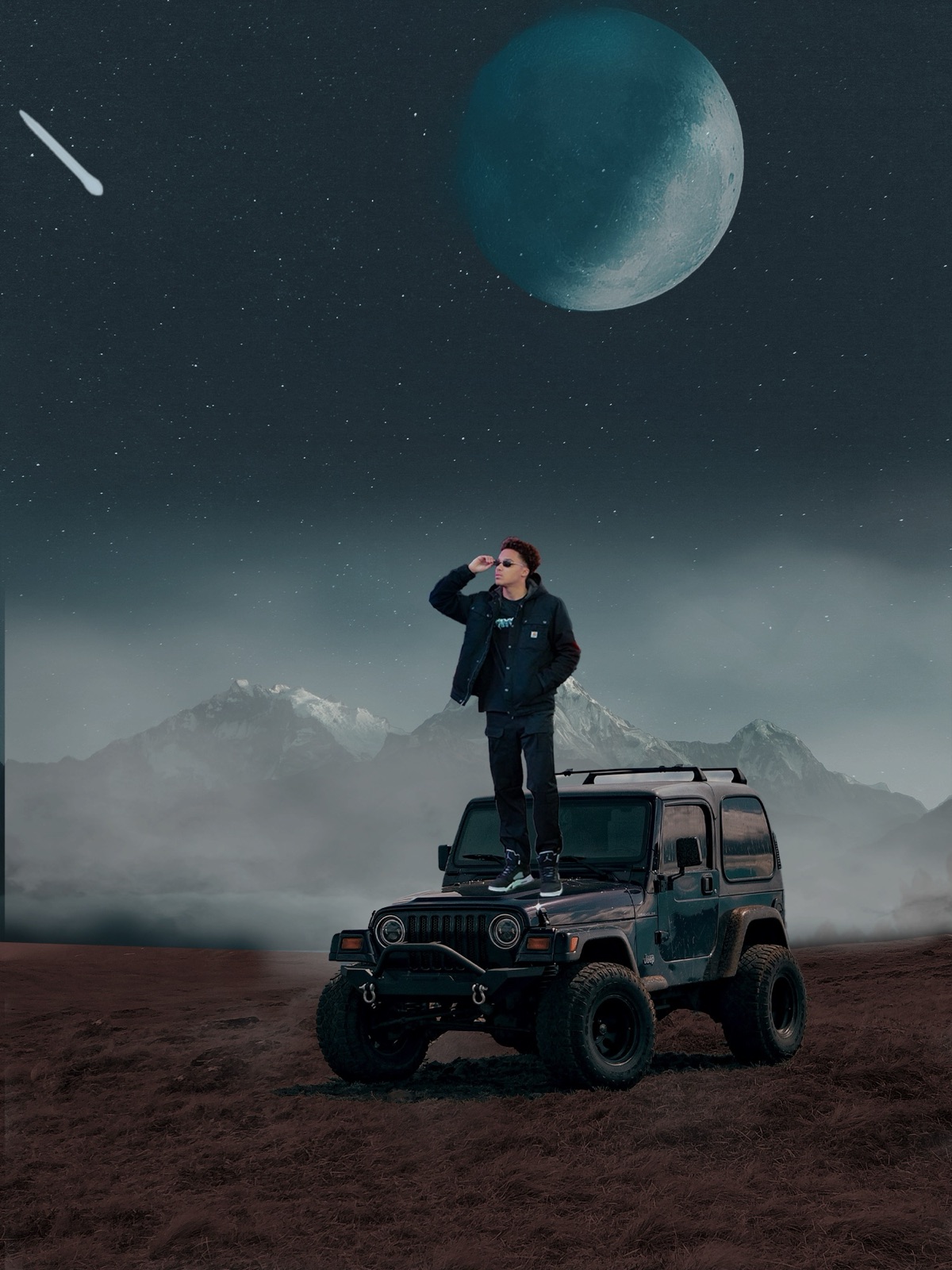Photoshop composite — Figure on a Jeep gazing at a moonlit mountain range