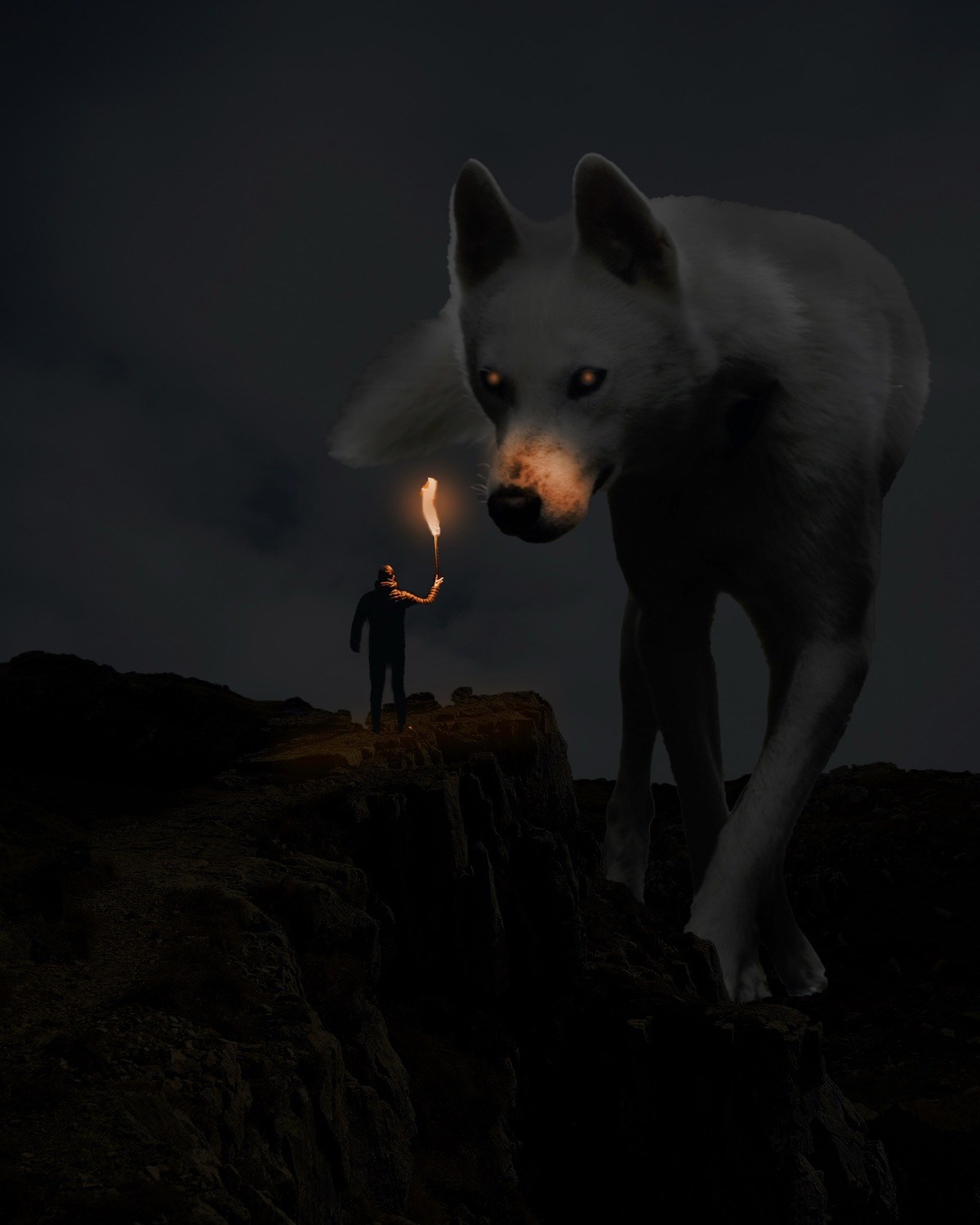 Photoshop composite — Torch-bearing explorer facing a colossal white wolf at a cliff edge