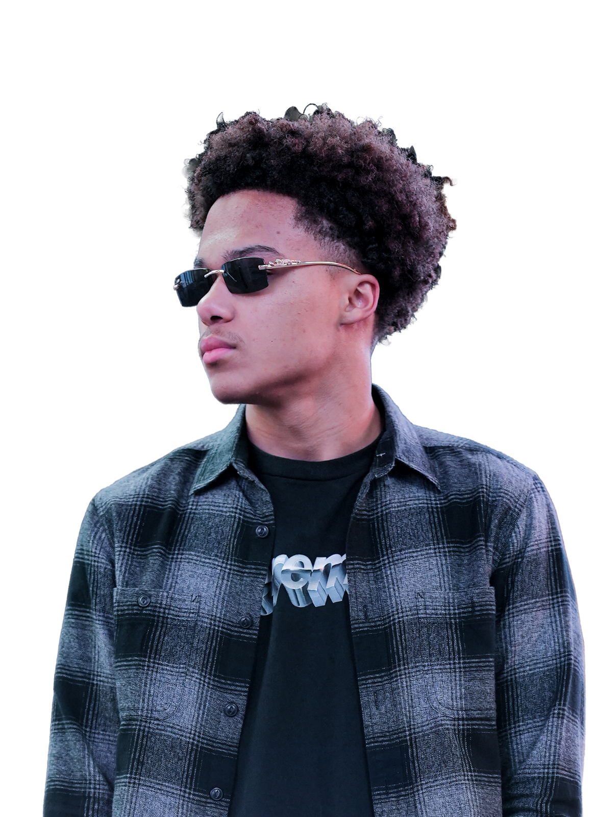 Editorial portrait of Michael Beck in flannel and sunglasses