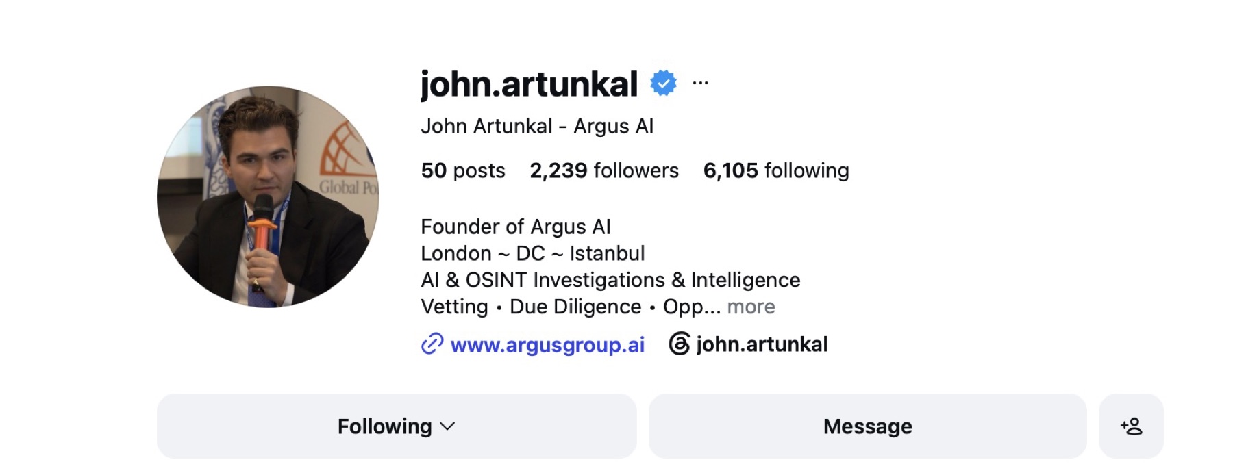 John Artunkal, verified founder of ARGUS AI with 2,239 followers