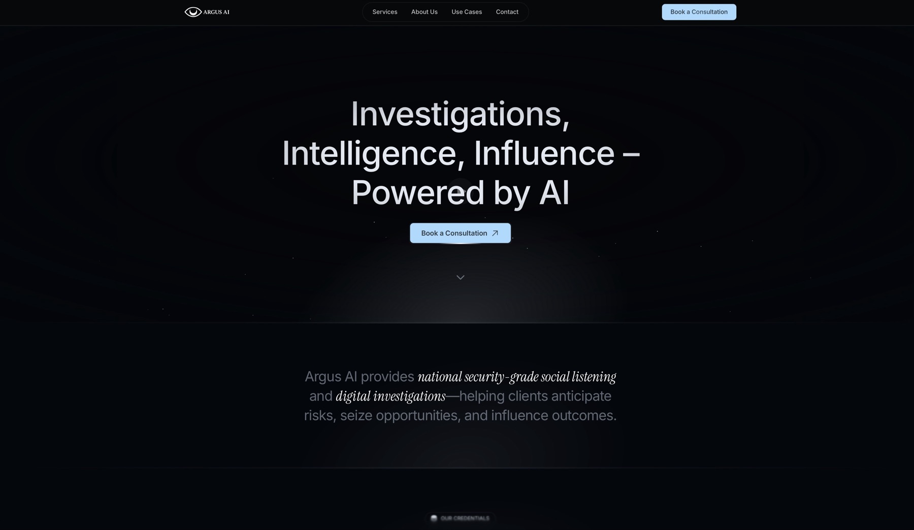 ARGUS AI homepage hero: Investigations, Intelligence, Influence — Powered by AI